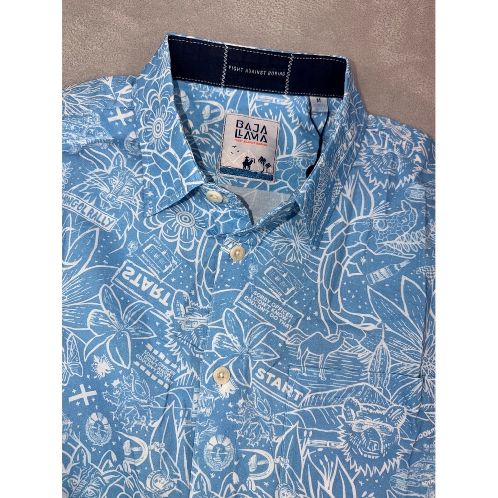 BAJA LLAMA Mens Medium Button Up Short Sleeve Shirt‎ Zip Pocket Blue Print New